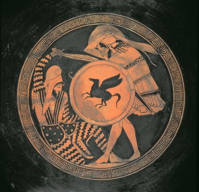 Red Figure Kylix, illustrating a battle scene between a hoplite and a bearded, reclining Persian, Attic, Greek by The Triptolemos Painter The Triptolemos Painter